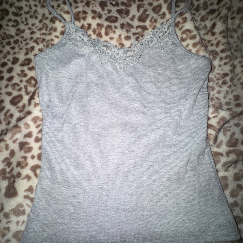 Lace Trim Ribbed Cami Tank Top - Light Gray